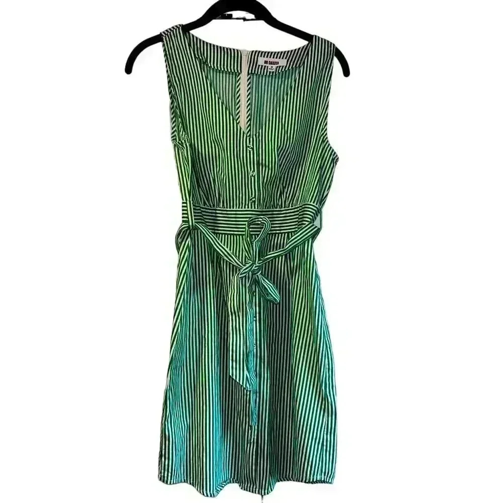 Sleeveless Green and White Striped Button-Down Summer Dress with‎ Tie Belt B43